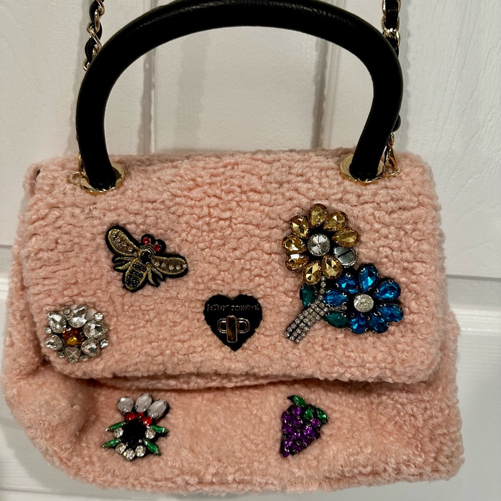 Betsey Johnson Pink Embellished Handbag with Jewels and Black Handles